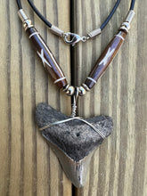 Load image into Gallery viewer, 1 15/16 inch Fossilized Megalodon Shark Tooth Necklace featuring Brown Bones With X Design
