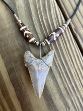 Load image into Gallery viewer, 2 inch Fossilized Angustiden Shark Tooth Necklace featuring Brown Bones With Yin and Yang Designs
