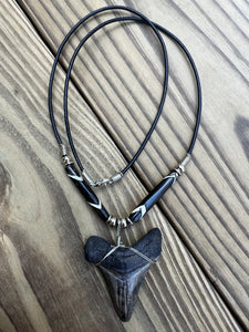 2 1/16 inch Fossilized Angustiden Shark Tooth Necklace featuring Dark and White Bone Beads