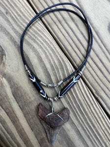 2 1/16 inch Fossilized Angustiden Shark Tooth Necklace featuring Dark Brown and White Bone Beads