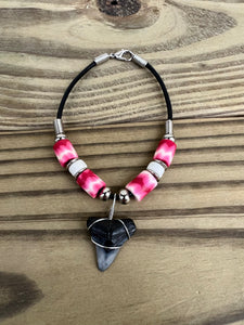 Shark Tooth Bracelet With Red, Pink and White Beads