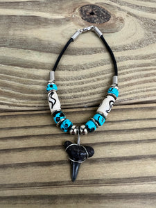 Shark Tooth Bracelet With Turquoise/Black Beads and Bone Beads