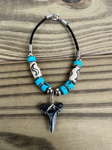 Shark Tooth Bracelet With Turquoise/Black Beads and Bone Beads