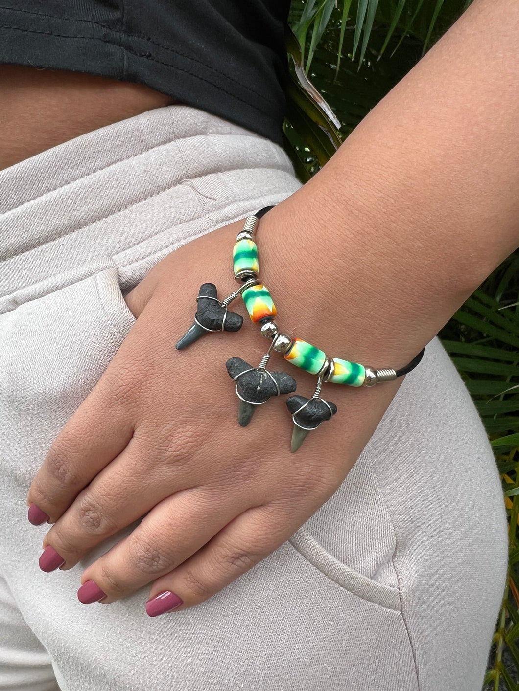 Shark Tooth Bracelet With 3 Shark Teeth and Abstract Beads