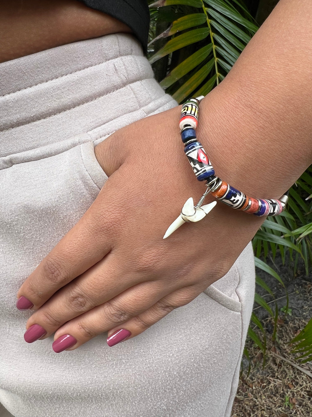 White Shark Tooth Bracelet With Peruvian Style Beads