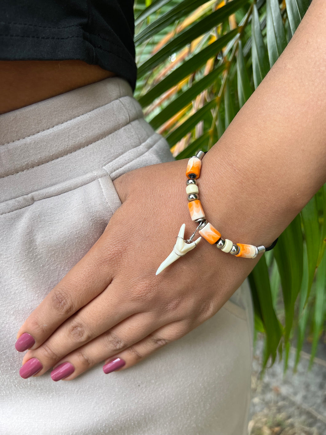 White Shark Tooth Bracelet With Orange and White Beads