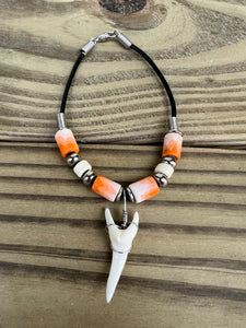 White Shark Tooth Bracelet With Orange and White Beads