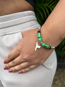 White Shark Tooth Bracelet With Black and Lime Beads