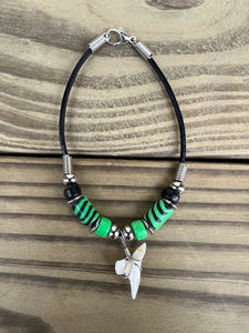 White Shark Tooth Bracelet With Black and Lime Beads