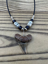 Load image into Gallery viewer, 1 3/8 inch Fossilized Angustiden Shark Tooth Necklace featuring Black and White Beads
