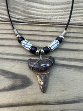 Load image into Gallery viewer, 1 3/8 inch Fossilized Mako Shark Tooth Necklace featuring Black and White Beads
