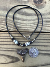 Load image into Gallery viewer, 1 3/8 inch Fossilized Mako Shark Tooth Necklace featuring Black and White Beads
