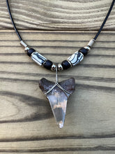 Load image into Gallery viewer, 1 3/8 inch Fossilized Mako Shark Tooth Necklace featuring Black and White Beads
