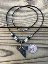 Load image into Gallery viewer, 1 7/16 inch Fossilized Mako Shark Tooth Necklace With Black and White Beads
