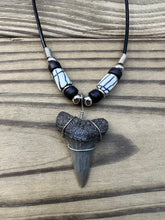 Load image into Gallery viewer, 1 3/8 inch Fossilized Mako Shark Tooth Necklace With Black &amp; White Beads
