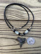 Load image into Gallery viewer, 1 3/8 inch Fossilized Mako Shark Tooth Necklace With Black &amp; White Beads
