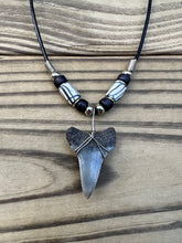 Load image into Gallery viewer, 1 3/8 inch Fossilized Mako Shark Tooth Necklace With Black &amp; White Beads
