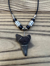 Load image into Gallery viewer, 1 1/2 inch Fossilized Mako Shark Tooth Necklace With Black &amp; White Beads
