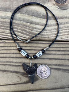 1 1/2 inch Fossilized Mako Shark Tooth Necklace With Black & White Beads