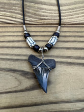 Load image into Gallery viewer, 1 7/16 inch Fossilized Mako Shark Tooth Necklace With Black &amp; White Beads
