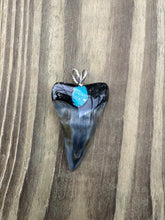 Load image into Gallery viewer, 2 Inch Turquoise Gemstone Inlayed Mako Shark Tooth Pendant
