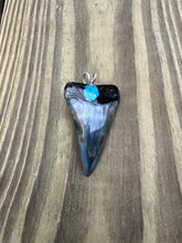 Load image into Gallery viewer, 2 Inch Turquoise Gemstone Inlayed Mako Shark Tooth Pendant
