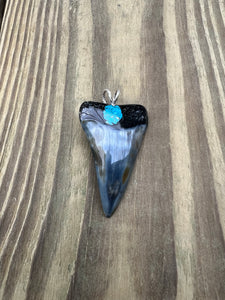 2 Inch Turquoise Gemstone Inlayed Mako Shark Tooth Pendant