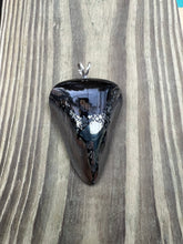 Load image into Gallery viewer, 2 9/16 Inch Pyrite Inlayed Megalodon Shark Tooth Pendant
