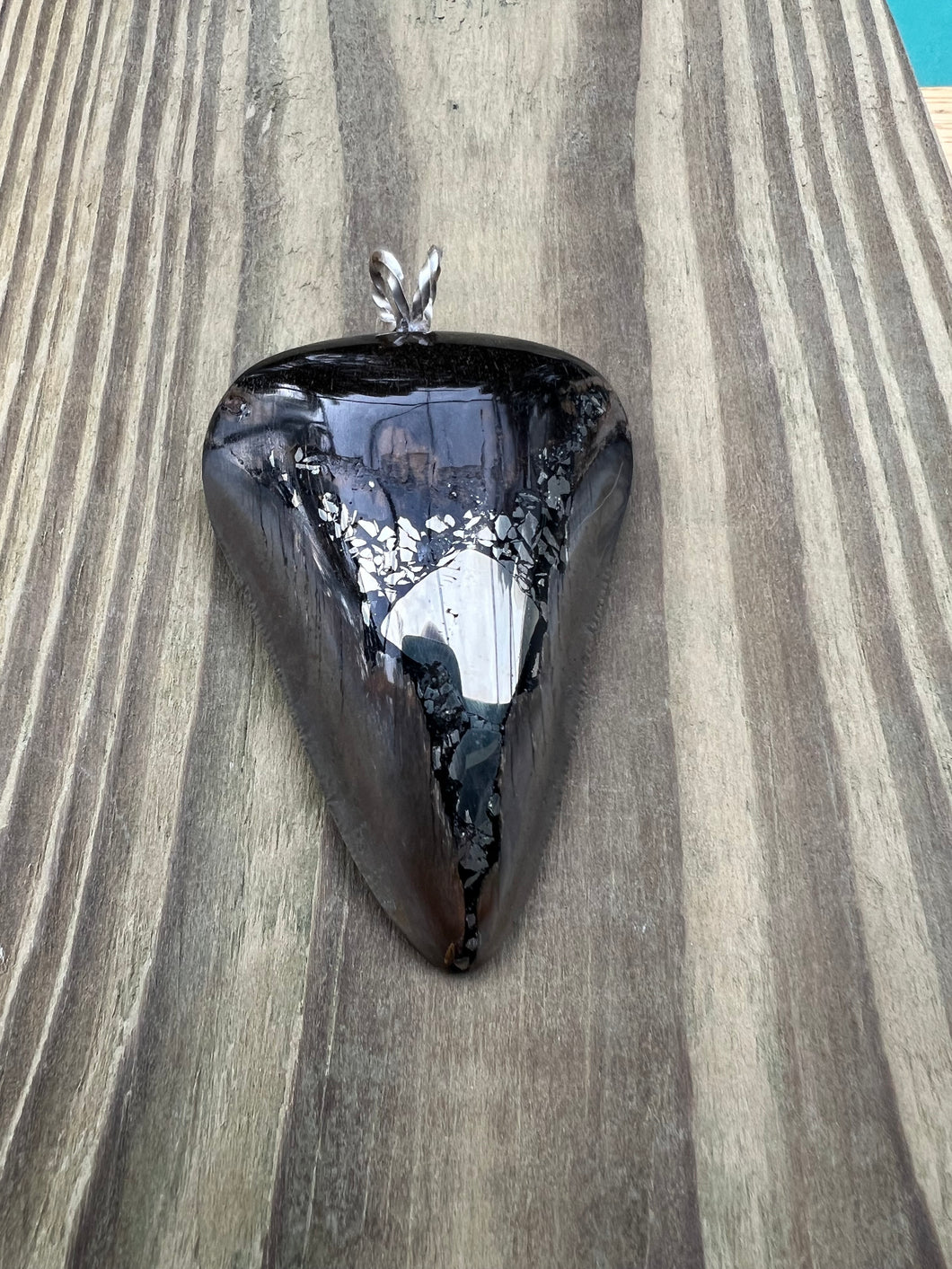 2 9/16 Inch Pyrite Inlayed Megalodon Shark Tooth Pendant