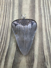 Load image into Gallery viewer, 2 9/16 Inch Pyrite Inlayed Megalodon Shark Tooth Pendant
