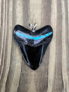 2 3/8 Inch Turquoise Gemstone Inlayed Megalodon Shark Tooth Pendant