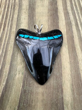 Load image into Gallery viewer, 2 3/8 Inch Turquoise Gemstone Inlayed Megalodon Shark Tooth Pendant
