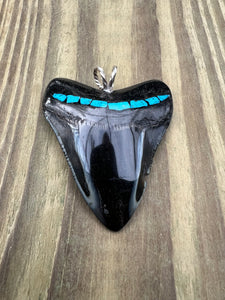 2 3/8 Inch Turquoise Gemstone Inlayed Megalodon Shark Tooth Pendant