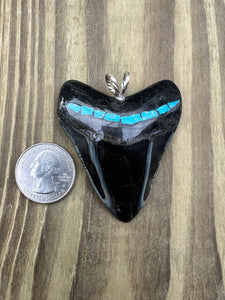 2 3/8 Inch Turquoise Gemstone Inlayed Megalodon Shark Tooth Pendant