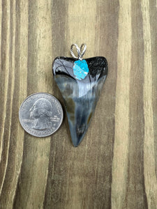 2 Inch Turquoise Gemstone Inlayed Mako Shark Tooth Pendant