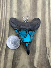 Load image into Gallery viewer, 2 5/8 Inch Turquoise Gemstone Inlayed Megalodon Shark Tooth Pendant
