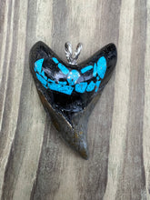 Load image into Gallery viewer, 2 9/16 Inch Turquoise Gemstone Inlayed Parotodus Benedeni Shark Tooth Pendant
