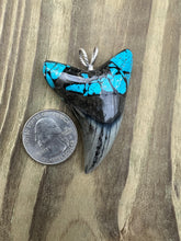 Load image into Gallery viewer, 2 3/8 Inch Turquoise Gemstone Inlayed Parotodus Benedeni Shark Tooth Pendant
