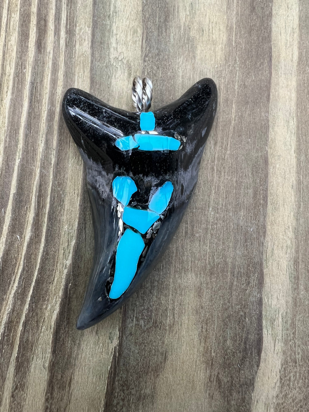 2 13/16 Inch Turquoise Gemstone and Pyrite Inlayed Parotodus Benedeni Shark Tooth Pendant