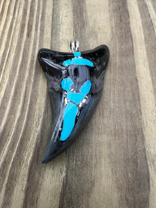 2 13/16 Inch Turquoise Gemstone and Pyrite Inlayed Parotodus Benedeni Shark Tooth Pendant