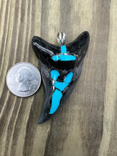 Load image into Gallery viewer, 2 13/16 Inch Turquoise Gemstone and Pyrite Inlayed Parotodus Benedeni Shark Tooth Pendant
