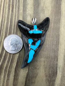 2 13/16 Inch Turquoise Gemstone and Pyrite Inlayed Parotodus Benedeni Shark Tooth Pendant