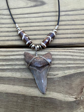 Load image into Gallery viewer, 2 inch Fossil Angustiden Shark Tooth Necklace With Brown and White Beads
