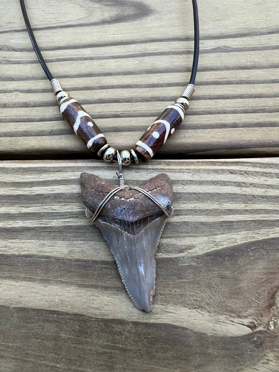 2 inch Fossil Angustiden Shark Tooth Necklace With Brown and White Beads