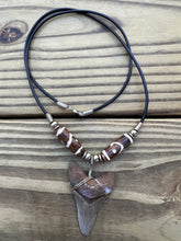 Load image into Gallery viewer, 2 inch Fossil Angustiden Shark Tooth Necklace With Brown and White Beads
