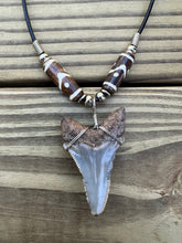 Load image into Gallery viewer, 2 inch Fossil Angustiden Shark Tooth Necklace With Brown and White Beads
