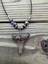 Load image into Gallery viewer, 1 7/8 inch Fossil Angustiden Shark Tooth Necklace With Brown and White Beads
