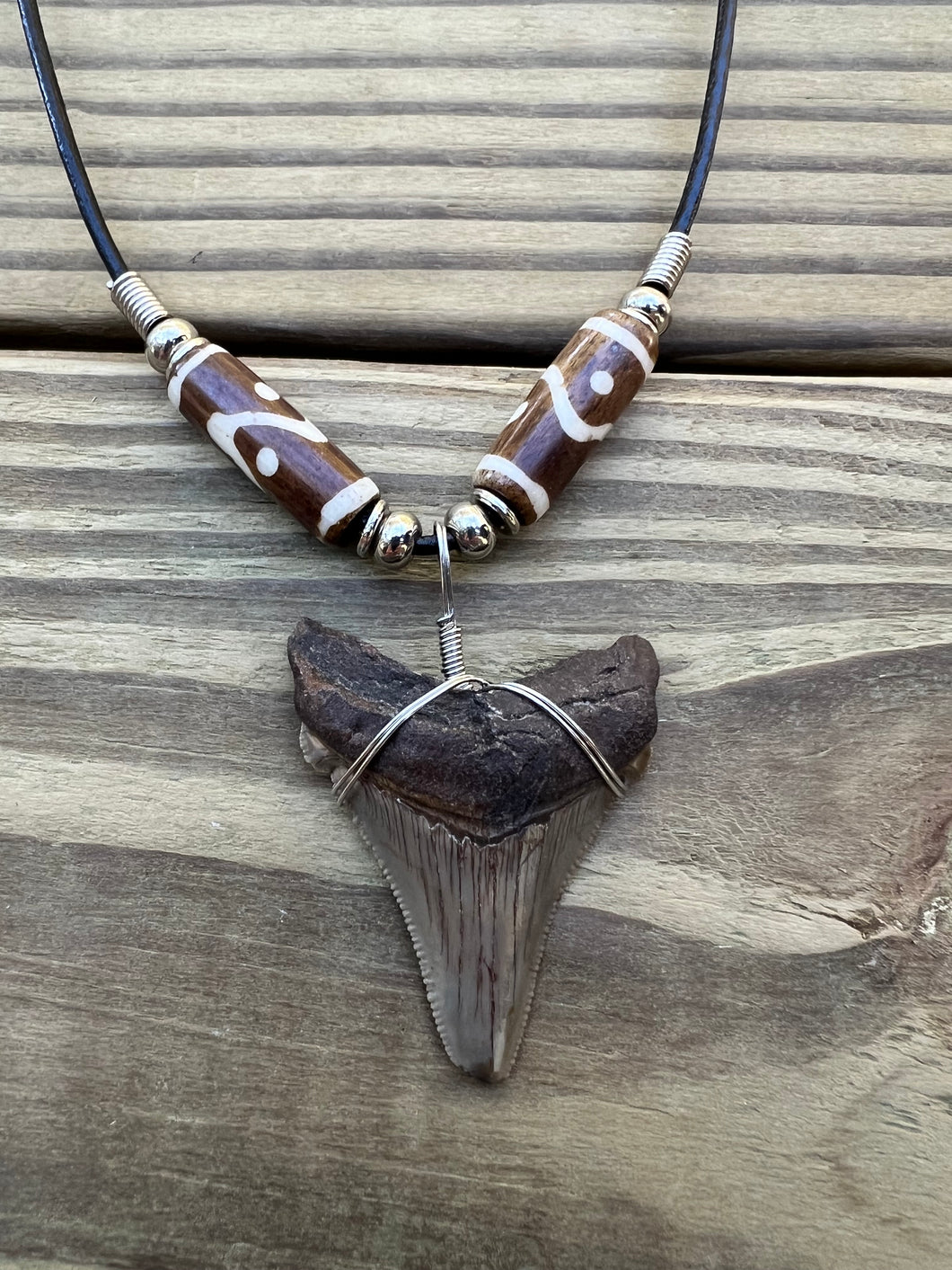 1 13/16 inch Fossil Angustiden Shark Tooth Necklace With Brown and White Beads