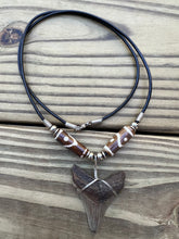 Load image into Gallery viewer, 1 13/16 inch Fossil Angustiden Shark Tooth Necklace With Brown and White Beads
