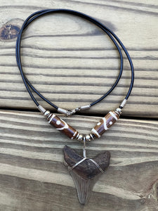 1 13/16 inch Fossil Angustiden Shark Tooth Necklace With Brown and White Beads